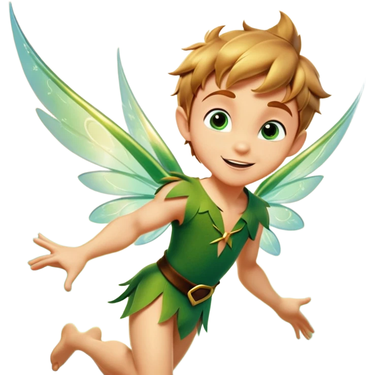 cinematic-realistic-peter-pan-portrait, head tilted dramatically with an exaggeratedly amused expression and sparkling eyes brimming with playful mischief, his iconic outfit rendered in vivid detail with dynamic shadows, soaring through the air flying next to a glowing Tinker Bell, whose delicate wings leave a trail of shimmering pixie dust across a whimsical sky. emoji