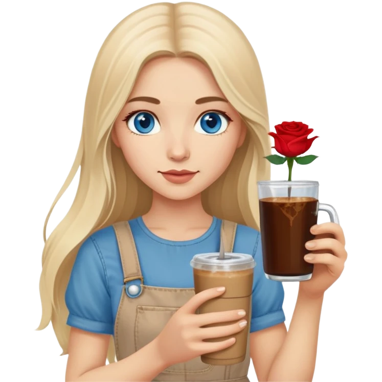Turkish beautiful finish Konya girl long blonde hair and blue eyes with beige denim dress and had on her hand Rose Cold brew coffee   emoji