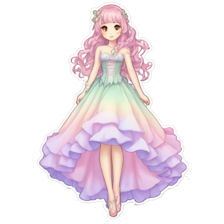 gorgeous pretty attractive anime lady beautiful pastel-gradient hair with gorgeous dress fairycore cottagecore pastelcore detailed high quality trending VOGUE aesthetic full body sticker emoji