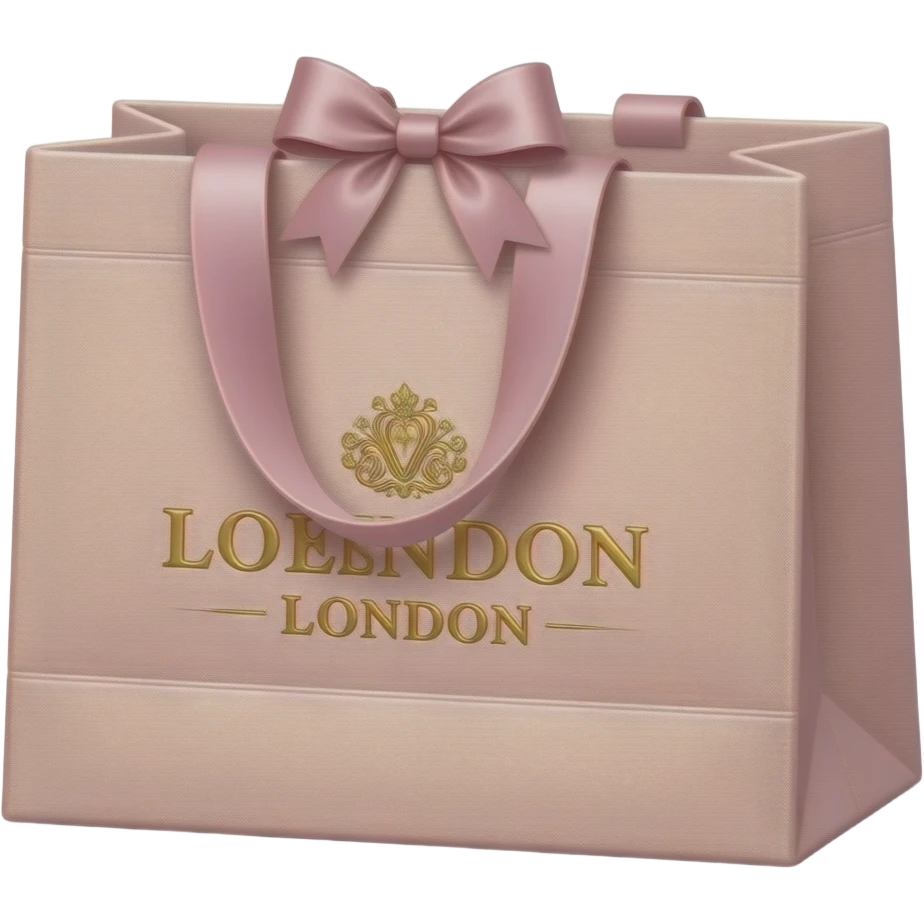 Luxury shopping bag from an exclusive London boutique, isolated, centered, no background, blush pink with satin ribbon handles, gold embossed logo style, elegant feminine fashion vibe emoji