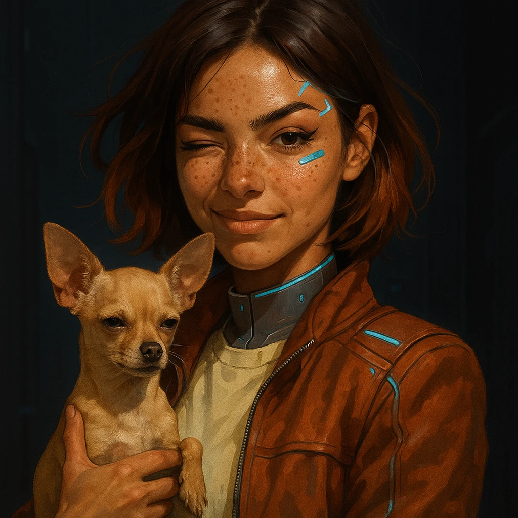 Futuristic portrait of a rebellious and playful woman with tanned skin and freckles, wearing a light shirt (#FFF8CA) and rust jacket, mid-length brown auburn hair, holding a beige-brown chihuahua, dark background. emoji