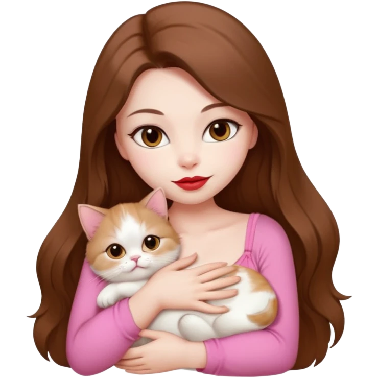 Beautiful Girl Long Hair coffe, Brows Big , Skin White, bra Pale Pink , Big Red Lips, EyesCoffe , Big hug Little baby Persa Cream Cat With Cute Eyes emoji
