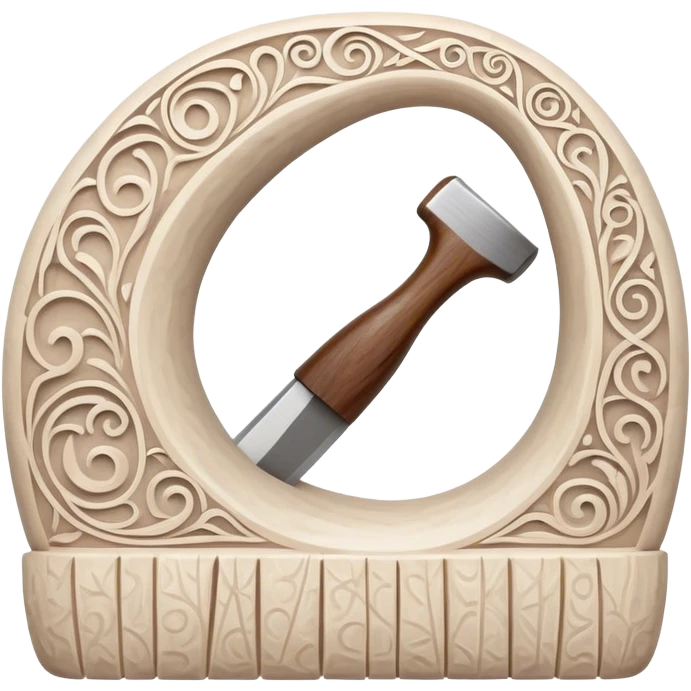 Scandinavian carving icon, whale bone with intricate Norse patterns, chisels and carving tools, minimalistic style, clean lines, transparent background. emoji