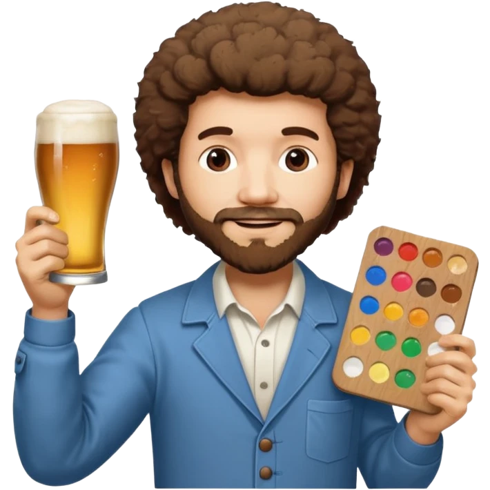 BOB ROSS HOLDING A PAINT PALETTE WITH A SIGN THAT SAYS CONGRATULATIONS AND HAS A BEER ON IT emoji