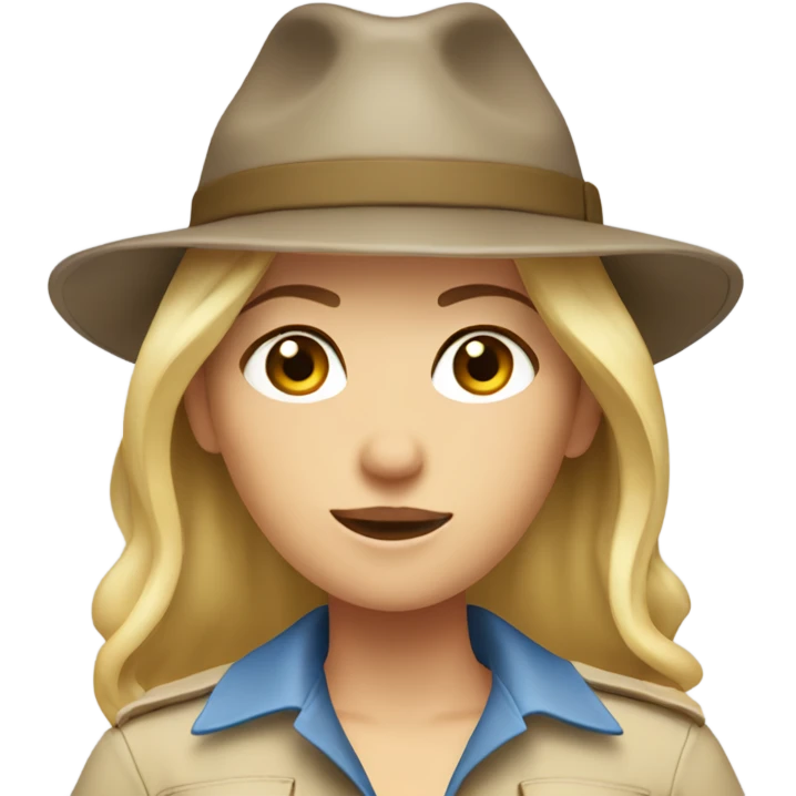 Blonde female with shoulder length hair and grey-blue eyes and brown eyebrows in a safari outfit with hat emoji