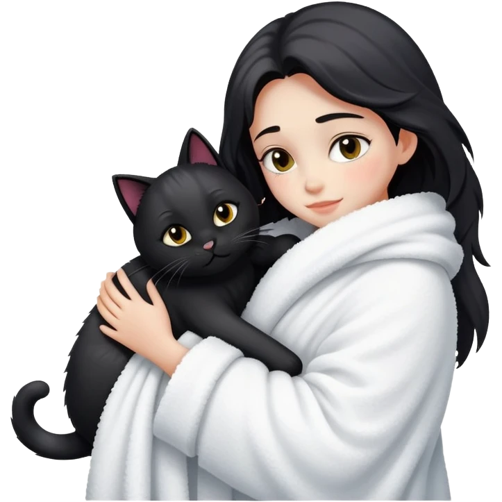 A fair-skinned girl, who has just taken a shower, is wrapped in a blanket and hugging a black cat emoji