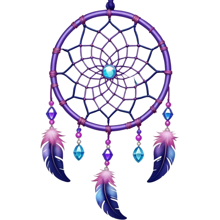 Iridescent shiny transparent pastel purple-pink-indigo-violet crescent Dreamcatcher-suncatcher hanging from a thread, with gemstones, and beads emoji
