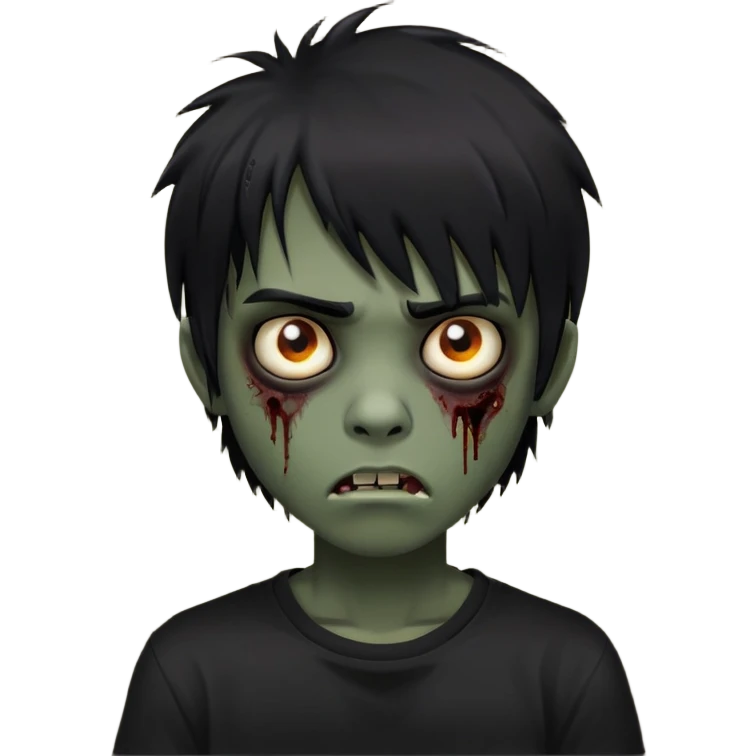 Boy, zombie, black hair, medium long, emo, shaggy, dark, spooky, creepy expression, fringe approximately to the eyebrows height, with Black t-shirt  emoji