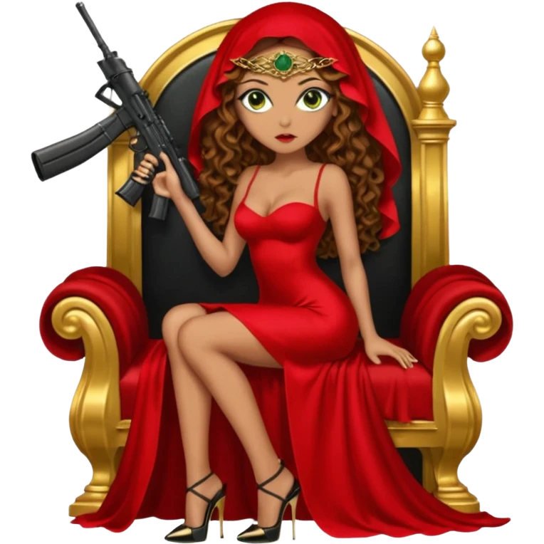 Drug dealer female green eyes symbol.  hair is brown curly long hair. sexy long with long red and black dress and face veil on that covers her mouth only. black stiletto platform high heels shoes on. Holding sniper rifle sitting on a gold throne. emoji