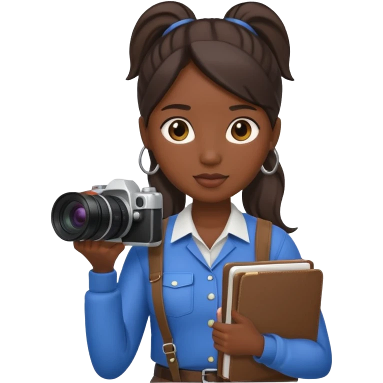 journalist dark skin woman ponytail holding camera and notebook emoji