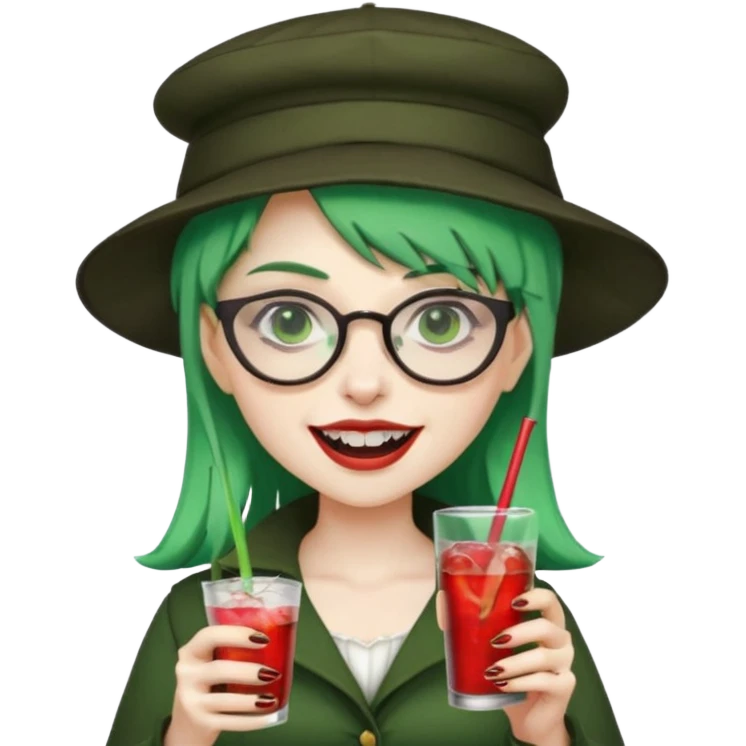vampire green hair Drink holders with hat, wearing glasses, female,,teeth looks like vampire emoji