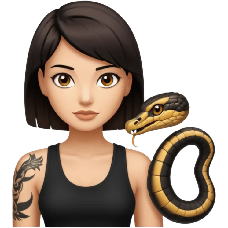 Femme brune yeux marron avec une coupe carré noir qui descend sur l'épaule , femme couleur de peau un peu bronzé mais pas metisse, avec un cobra a côté , débardeur noi , avec un tatouage sur le bras droit emoji
