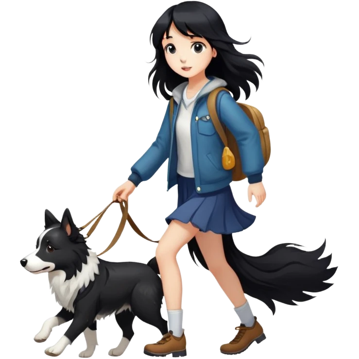 A girl with long black hair and bangs walking with a meteorite Border Collie emoji
