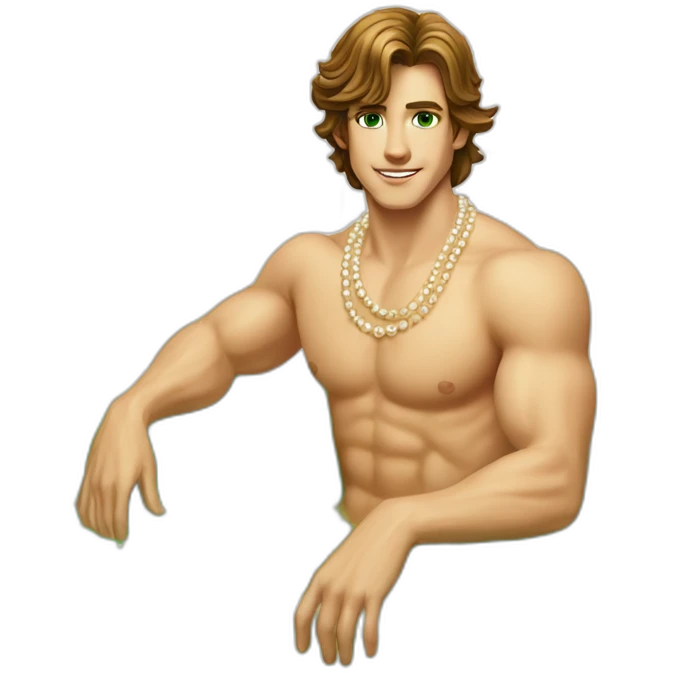 Posh-muscle-boy-brown-hair-green-eyes-pearl-necklace-in-golden-bathtub-legs emoji