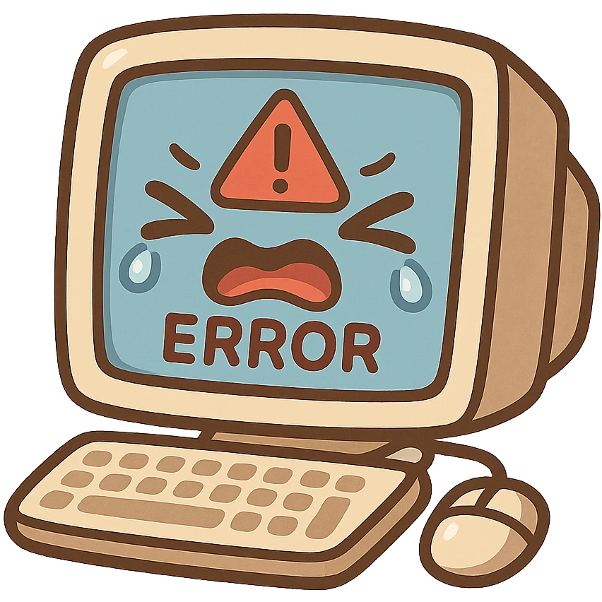 AI fail, computer with error message, comical, exaggerated expression, cartoon style emoji
