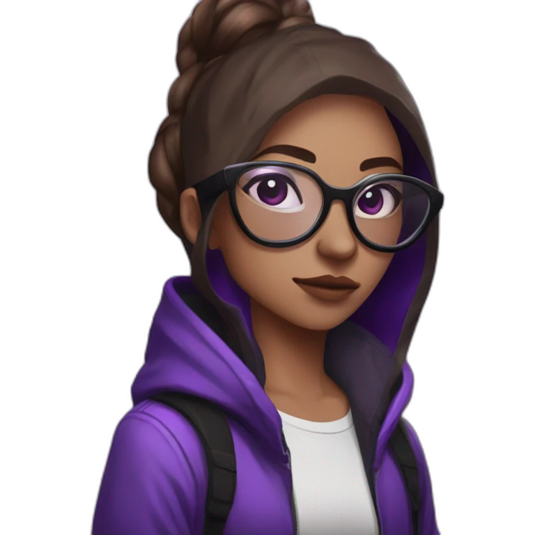 Girl broun artist with round glasses left side behind his laptop with this style: valorant riot Game purple character purple black hooded hacker themed character emoji