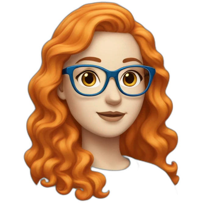 A white girl with orange long wavy hair, blue glasses and a blue blousse emoji