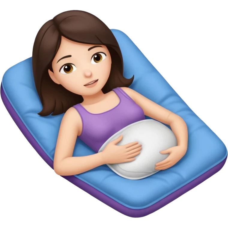  a brunette girl lying down on her side, holding a warm heating pad against her lower belly, she’s having bellyache emoji