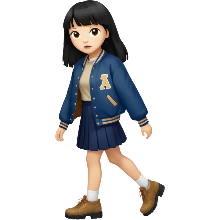 hair : black long hair with fringe (almost waist length) 
skin : light 
outer : deep brown varsity jacket (oversize) 
skirt : navy long long skirt (under knee, close to toe)  
motion : walking alone 


 emoji