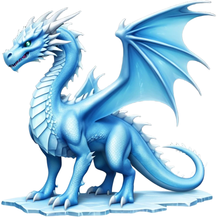 Cinematic Noble Fierce Ice Dragon full body Emoji, Poised and imposing, distinct long elegant snout, with a slender, scaled body shimmering in glacial hues of icy blue, frostbitten silver, and crystalline white, breathing out frost, with piercing, glowing eyes that radiate the chilling depths of an arctic storm; rendered in detail. displaying its wings emoji