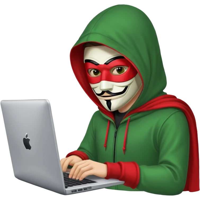 Хакер сидит в зелёно-красной одежде в анонимус маске, печатает в ноутбуке, прозрачный фон. emoji