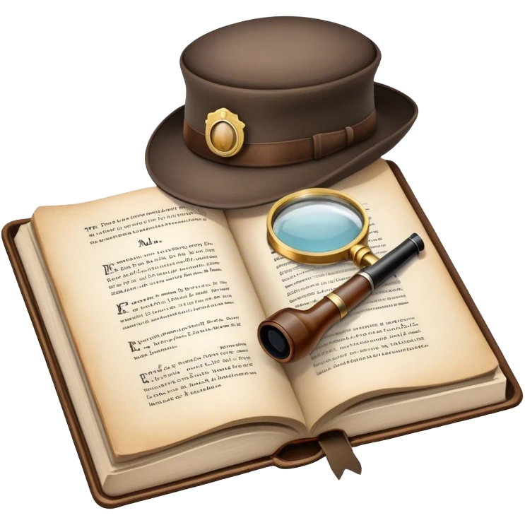 Icon for Detective Reading: an open book with text and a magnifying glass on the pages, a classic detective hat and a pipe, surrounded by clues like footprints, a revolver and a notepad. The icon should represent the mystery and intrigue of detective stories. Transparent background. emoji