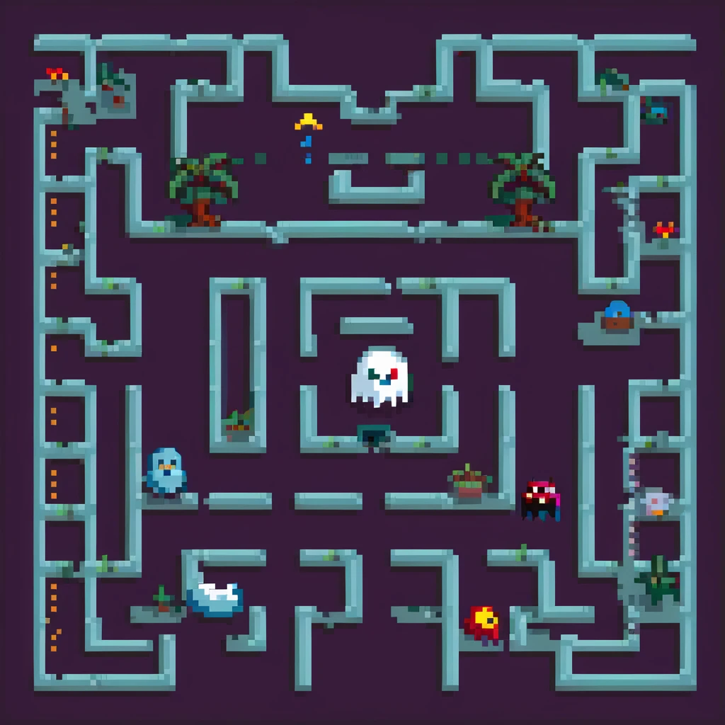 8-bit pacman game scene with dots and ghosts emoji