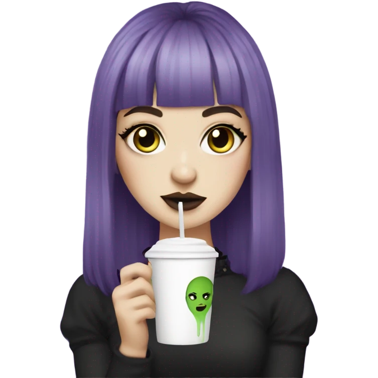 goth white girl with eyeliner, mid length, purple hair, bangs holding a cup of iced matcha   emoji