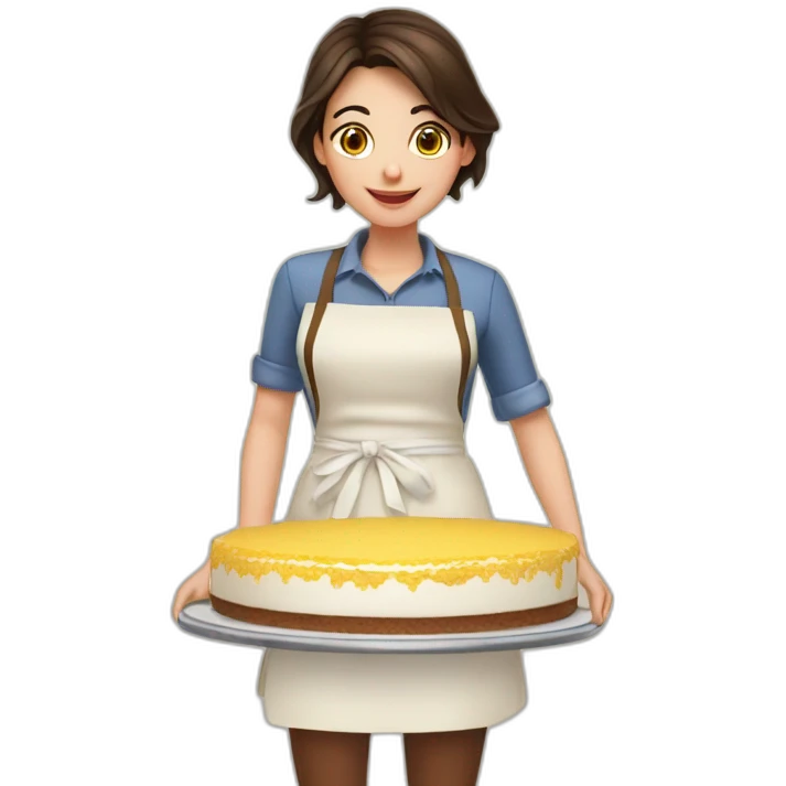 Brunette girl in apron makes layered cake emoji