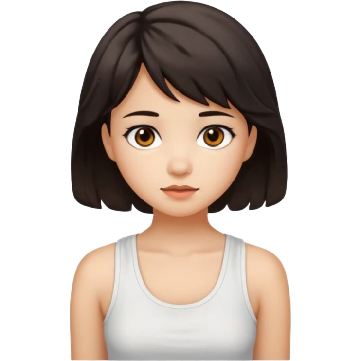 A pretty girl with dark brown eyes and short wavy dark hair with short side bangs and a neutral expression, with chinita skin and a white tank top(not sleeveless)emoji emoji