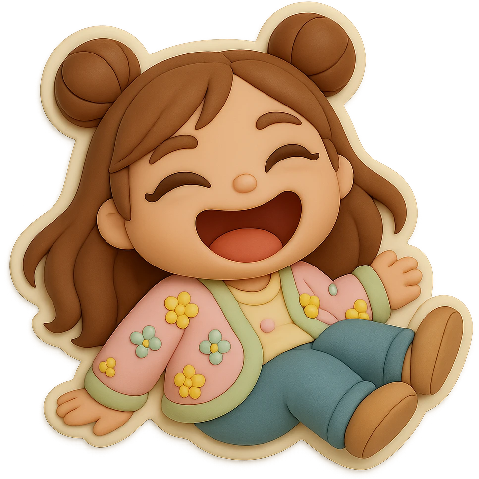 3D chibi fondant cake art style, high-quality rendering with smooth shadows and soft gradients. Girl based on reference image with preserved facial features and eye shape, long brown hair in two space buns, brown eyes, jeans, pastel floral cardigan, thick white outline like a sticker, transparent background. Rolling on the floor laughing. Ensure the face, hairstyle, and eye shape match the reference exactly. emoji