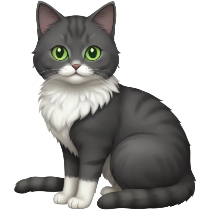 full body view of beautiful female dark grey cat with green eyes, white toes and white chest emoji