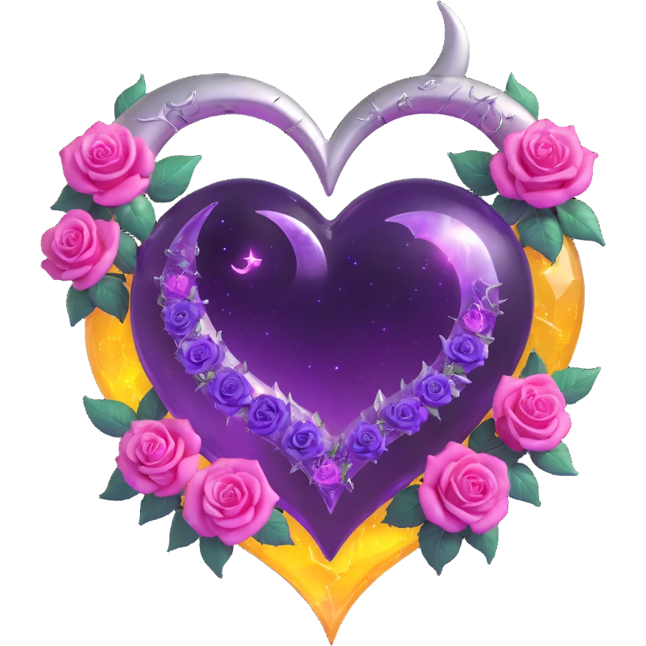 gothic heart made of amethyst glass, silver crescent moon, glowing violet roses, holographic stardust, neon pink lightning, wet and cracked glass emoji