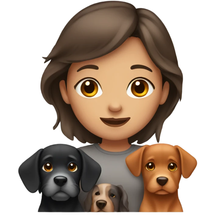 girl with brown hair and three dogs, a black, a grey and orange emoji