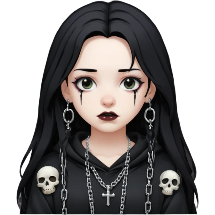 Female Goth with Beanie
 Messy long hair, white skin, oversized black hoodie, chain accessories. emoji