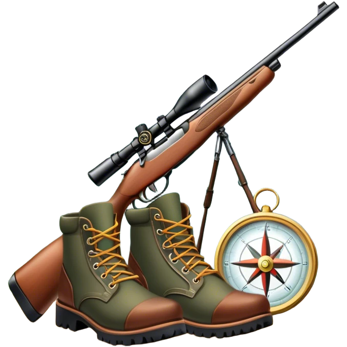 Icon for Hunting Tourism: a double-barrelled hunting rifle, hunting boots and a compass on a forest background, with a silhouette of wildlife in the distance. The icon should capture the adventure and connection with nature in hunting tourism. Transparent background. emoji