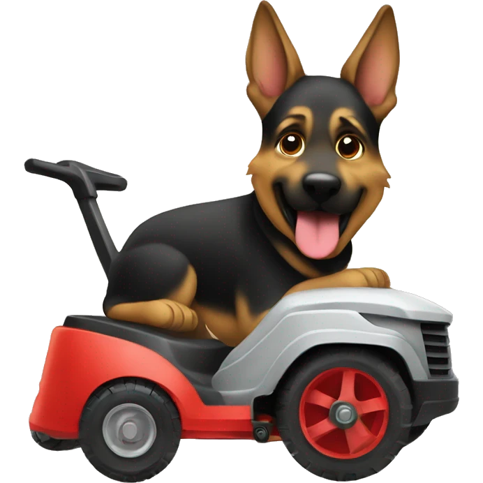 German Shepard riding a lawnmower emoji