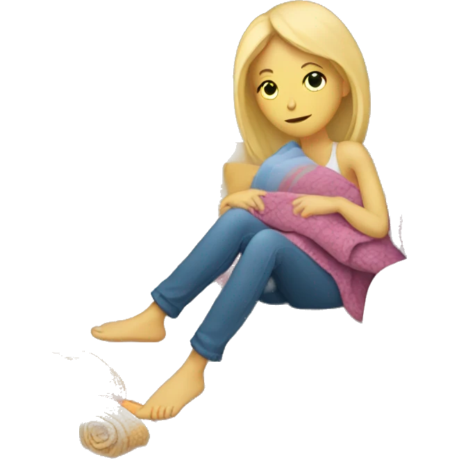 a blonde girl laying on the couch with a bunch of blankets  emoji