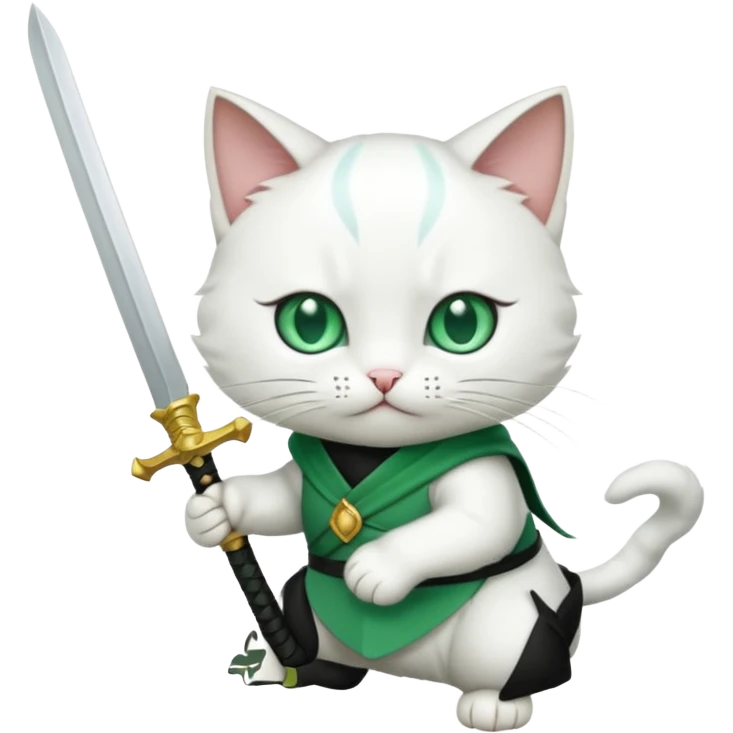 un gato blanco con reeferencia a rororoa zoro "una espada en cada mano y una en la boca" emoji