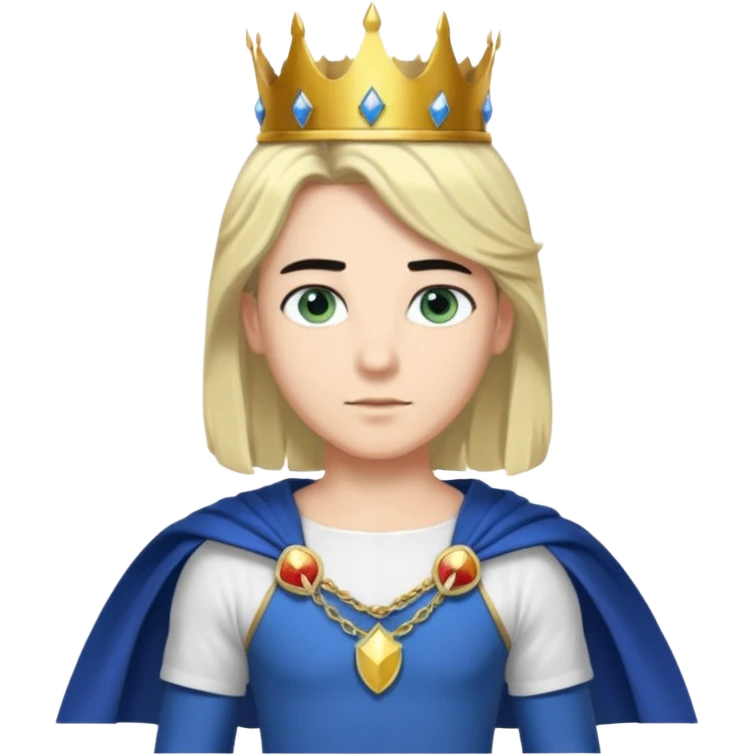 Prince with crown, blue cape and trousers, body and legs, black hair, blue eyes, woman blonde hair, green eyes, sexy white short sleveless dress,  emoji