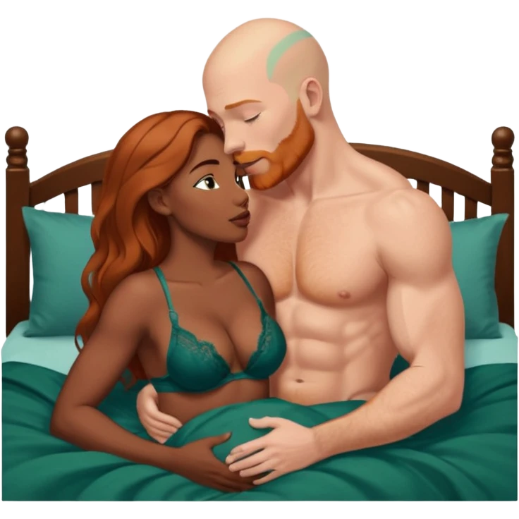 Muscular Bald white male who has a ginger beard & blue eyes, passionately kissing curvy African dark brown woman who has long brownish hair wearing dark green lingerie displaying love, making tenderness, physical romance, bonding & affection, caress, sensual touch, in bed for birthday  emoji