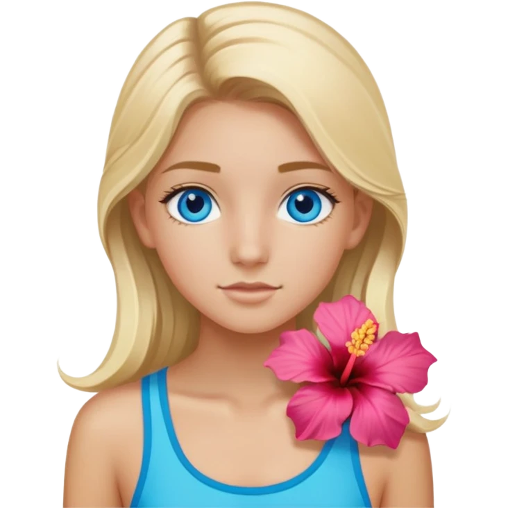 preppy coastal teen girl with blue eyes, beach blonde hair, tan skin, hibiscus flower in her ear, preppy beach outfit emoji