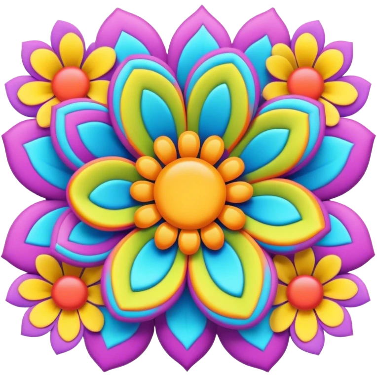 3D, psychedelic colored hippie style flower border  emoji