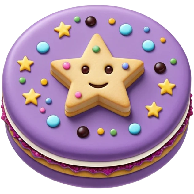 a pastel purple sandwich cookie with soft crumbly texture, a star-shaped jam cutout in the center showing glossy dark berry filling, and creamy filling with colorful sprinkles. Minimal emoji style, smooth shading, high detail, centered object, no background, sweet playful vibe emoji