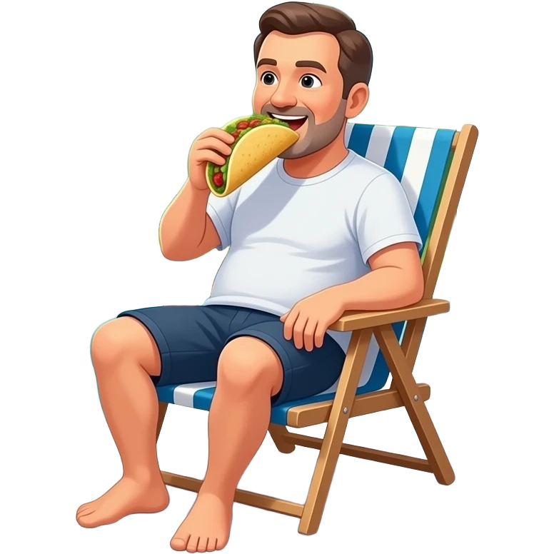 A dad eating a taco in a chair by the pool with a forest font emoji