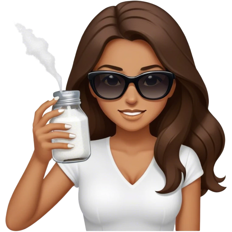 sassy woman with long brown hair, tan skin, and dark sunglasses holding a salt shaker filled with white table salt. She is shaking and sprinkling the salt. She is smirking.  emoji