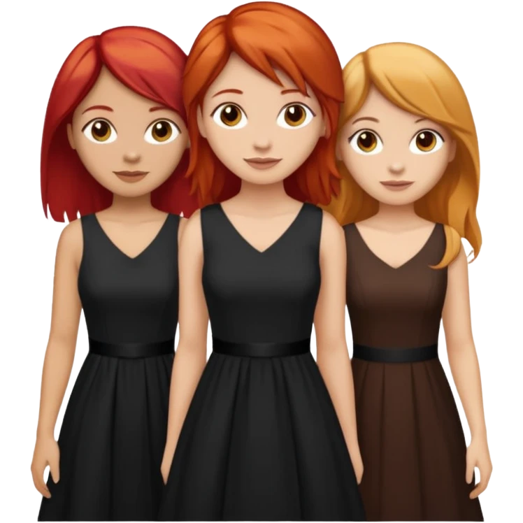 Can you create an image of 3 friends together one with red bright hair light skin one the other with brown hair with some blonde highlights in the hair fair skin the last one with light brown a tint of orange hair and black long hair with brown with dresses dark hair on one of the girls  emoji