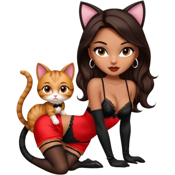 A sexy, super pretty bratz girl with caramel skin. Dark brown hair and brown eyes. She has freckles. Wearing sexy makeup. Dressed as a sexy cat. She’s wearing lingerie with black heels on and long black gloves  emoji