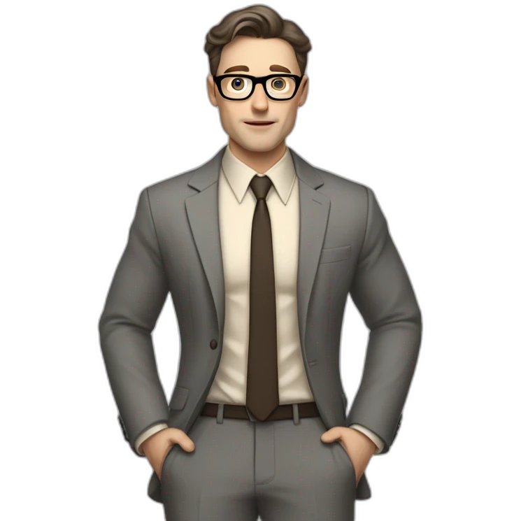 Full height Pale skinned Fit Man With dark brown hair in classic gray suit, beige office shirt, dark gray tie, and vintage glasses. Thrumbs of his palms directed up emoji