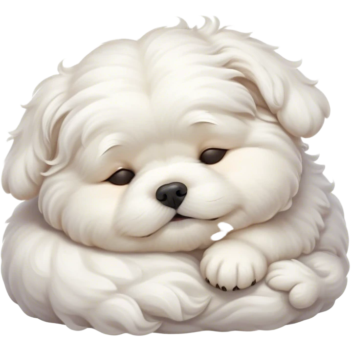 Cinematic Chubby Sleeping Wavy-Haired Maltese dog Portrait Emoji, Chubby and serene, with a round, adorable build and a soft, wavy-haired white coat, eyes gently closed in peaceful slumber, Simplified yet irresistibly endearing features, highly detailed, glowing with a gentle, dreamy glow, high shine, relaxed and content, stylized with a touch of whimsy, bright and heartwarming, soft glowing outline, capturing the essence of a blissfully sleepy companion, so comically serene it feels like it could roll out of the screen and snore with adorable charm! emoji